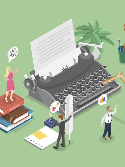 Eine Grafik: Im Mittelpunkt steht eine große Schreibmaschine. Darum sind verschiedene Figuren.