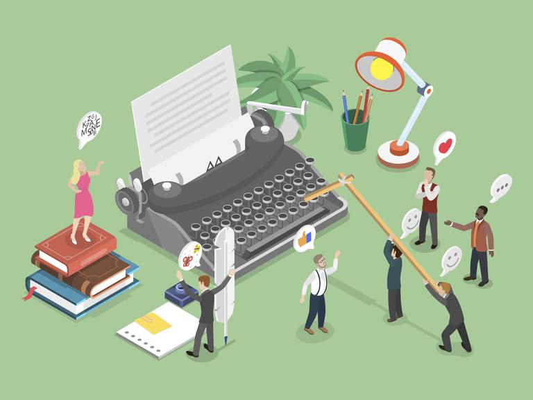 Eine Grafik: Im Mittelpunkt steht eine große Schreibmaschine. Darum sind verschiedene Figuren.