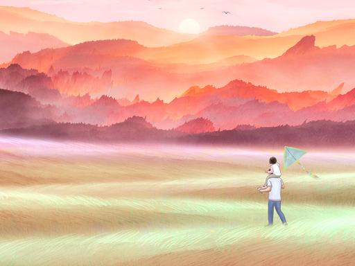 Illustration eines Vaters, der mit seinem Kind auf den Schultern über eine Wiese geht. Das Kind hält in der Hand einen Drachen an einer Schnur. Im Hintergrund taucht die untergehende Sonne Berge in rötliches Licht.