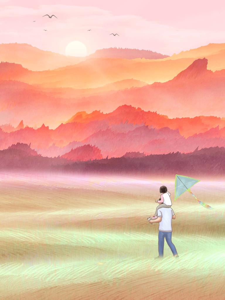 Illustration eines Vaters, der mit seinem Kind auf den Schultern über eine Wiese geht. Das Kind hält in der Hand einen Drachen an einer Schnur. Im Hintergrund taucht die untergehende Sonne Berge in rötliches Licht.