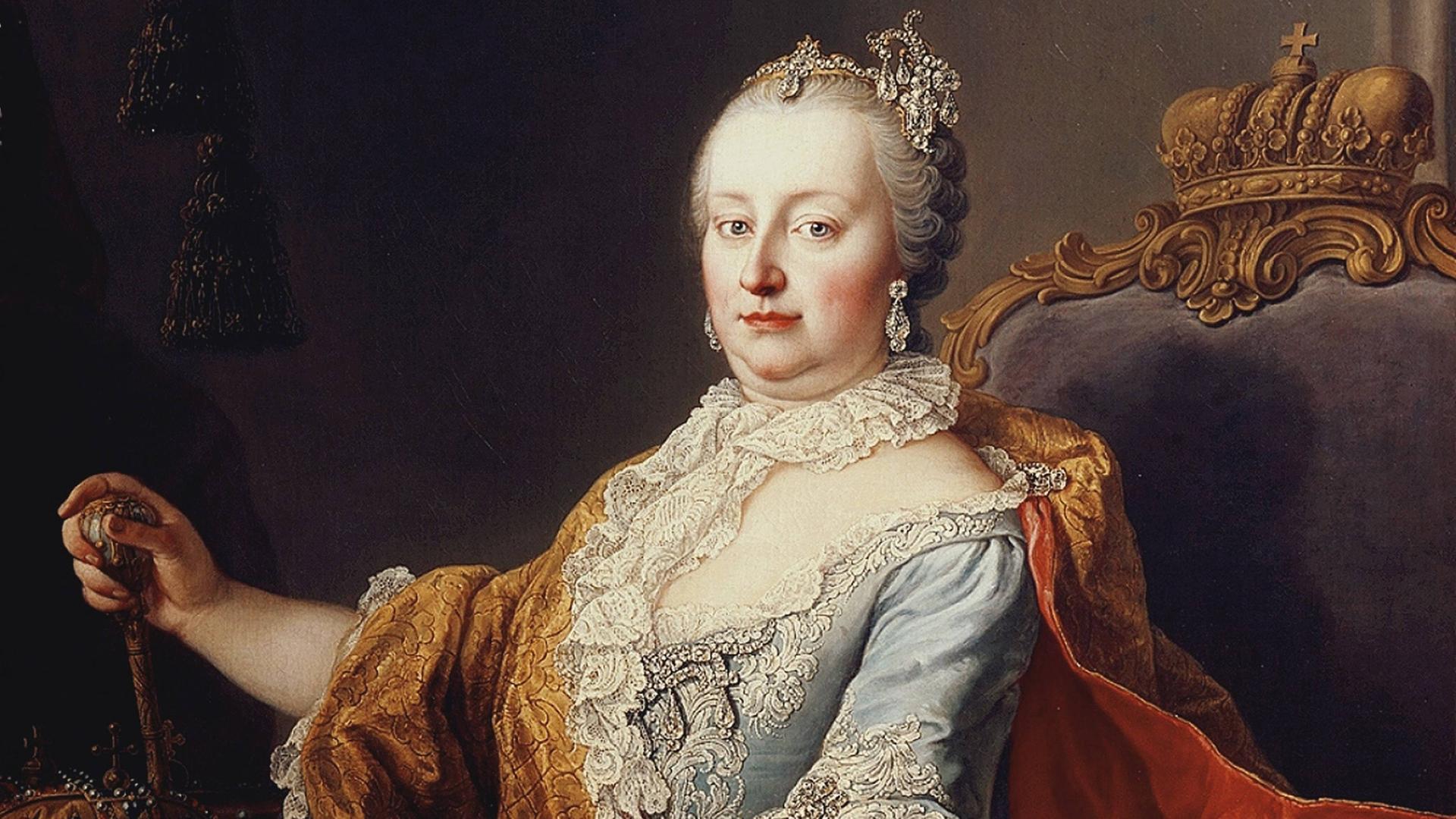 Gemälde zeigt Maria Theresia (1717–1780), Erzherzogin von Österreich, Kaiserin des Heiligen Römischen Reiches und Königin von Ungarn und Böhmen in opulenter Kleidung,