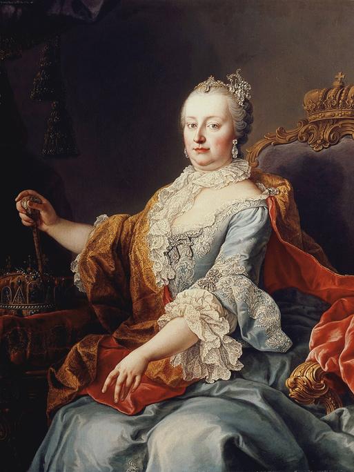 Gemälde zeigt Maria Theresia (1717–1780), Erzherzogin von Österreich, Kaiserin des Heiligen Römischen Reiches und Königin von Ungarn und Böhmen in opulenter Kleidung,