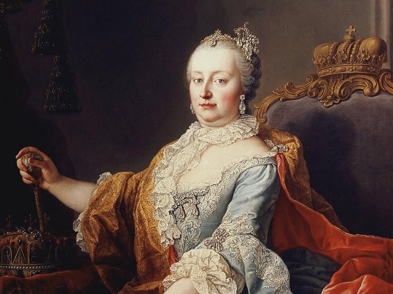 Gemälde zeigt Maria Theresia (1717–1780), Erzherzogin von Österreich, Kaiserin des Heiligen Römischen Reiches und Königin von Ungarn und Böhmen in opulenter Kleidung,