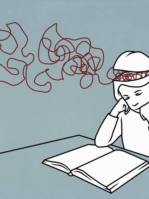Illustration: Aus dem Kopf eines lesenden Mädchens kommt ein Faden, der sich im Raum verwirbelt. 