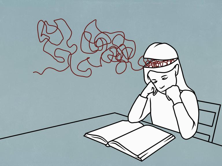 Illustration: Aus dem Kopf eines lesenden Mädchens kommt ein Faden, der sich im Raum verwirbelt. 