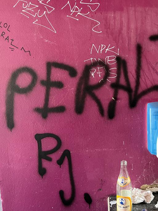 An einer Wand steht gesprüht: Peralta.