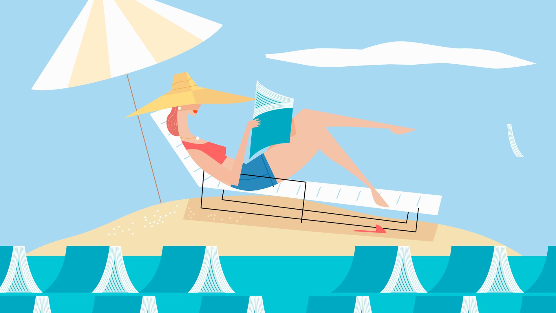 Illustration: Lesende Frau auf einer Insel umgeben von Büchern, die Meereswellen darstellen.