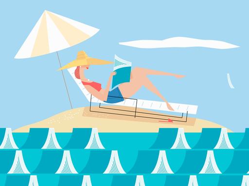 Illustration: Lesende Frau auf einer Insel umgeben von Büchern, die Meereswellen darstellen.