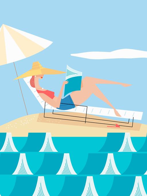 Illustration: Lesende Frau auf einer Insel umgeben von Büchern, die Meereswellen darstellen.