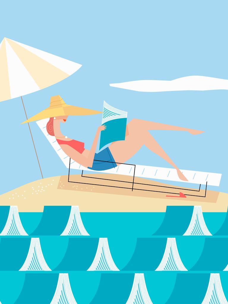 Illustration: Lesende Frau auf einer Insel umgeben von Büchern, die Meereswellen darstellen.