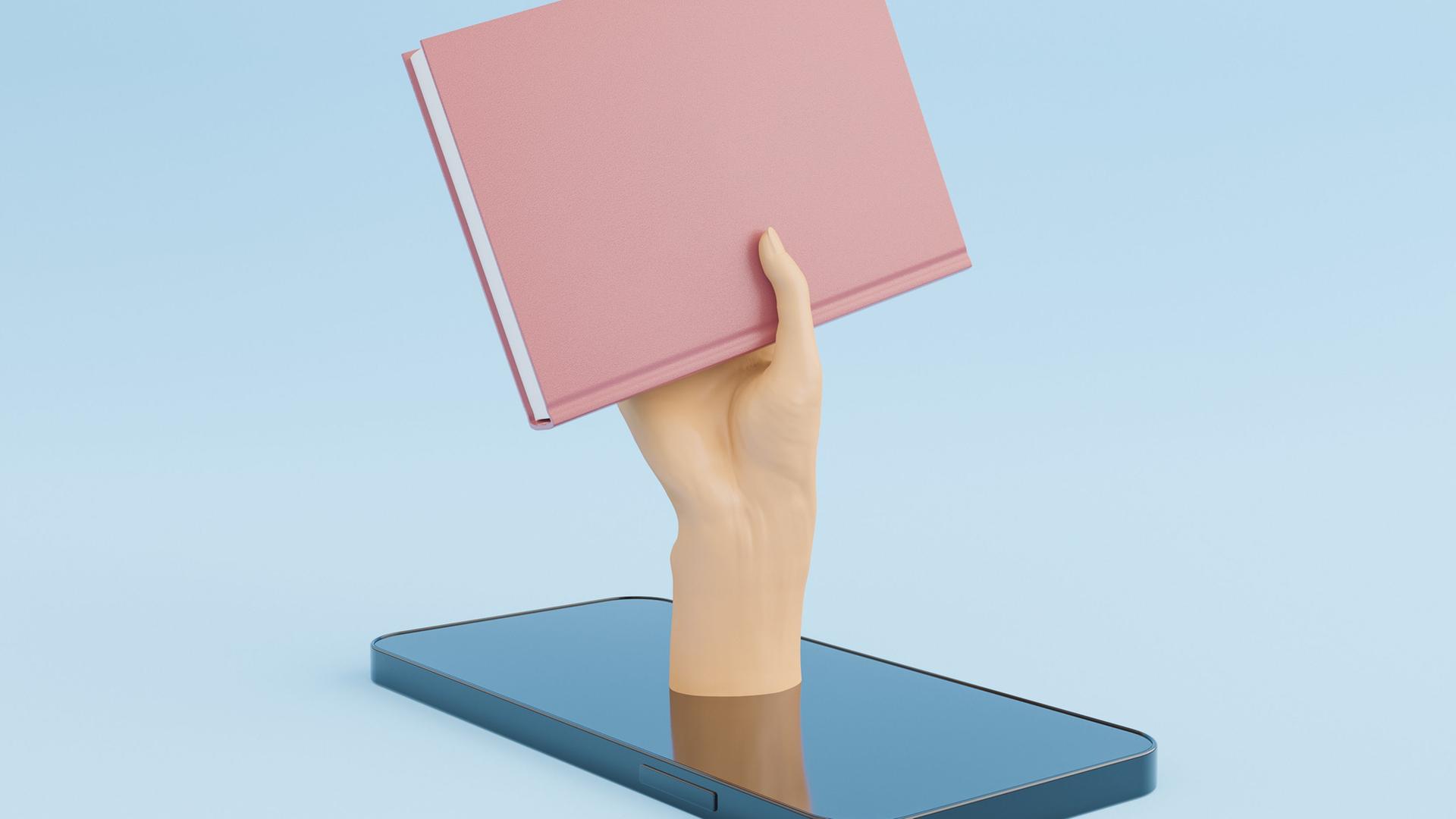 Illustration: Eine Hand mit einem Buch ragt aus einem Display eines Smartphones heraus.