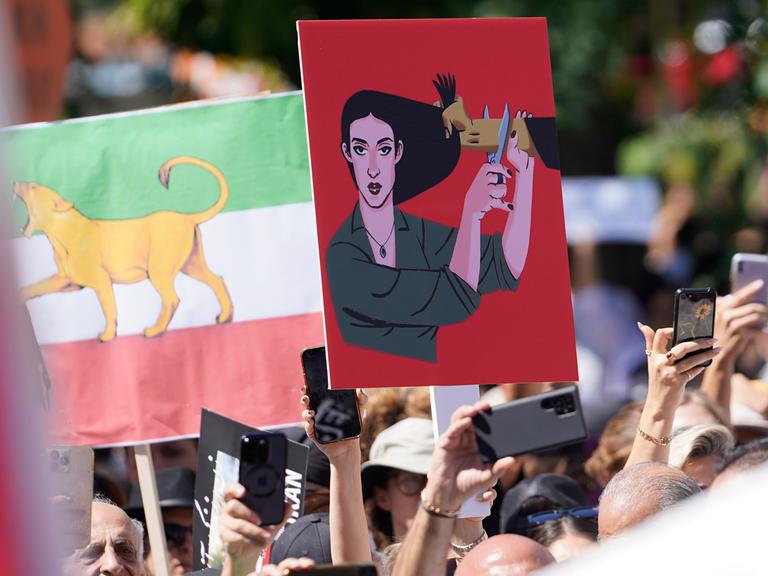 Auf einer Demonstration sieht man ein Plakat. Auf dem Plakat ist eine Frau zu sehen, der ein Mann ins Haar greift. Die Frau hält eine Haarschere an den Arm des Mannes.