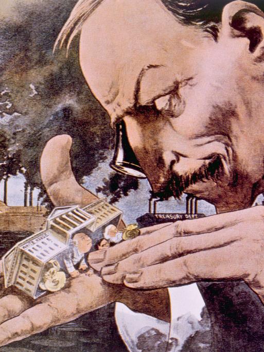 John D. Rockefeller, dargestellt in der politischen Karikatur "The Trust Giant's Point of View" von Horace Taylor in "The Verdict", 1900