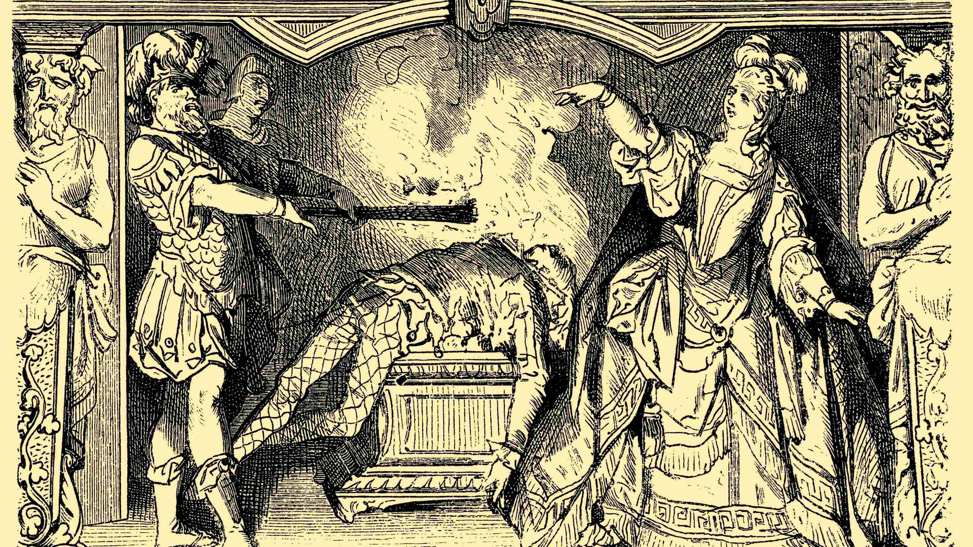 Theaterszene: Karoline Neuber verbrennt den Hanswurst