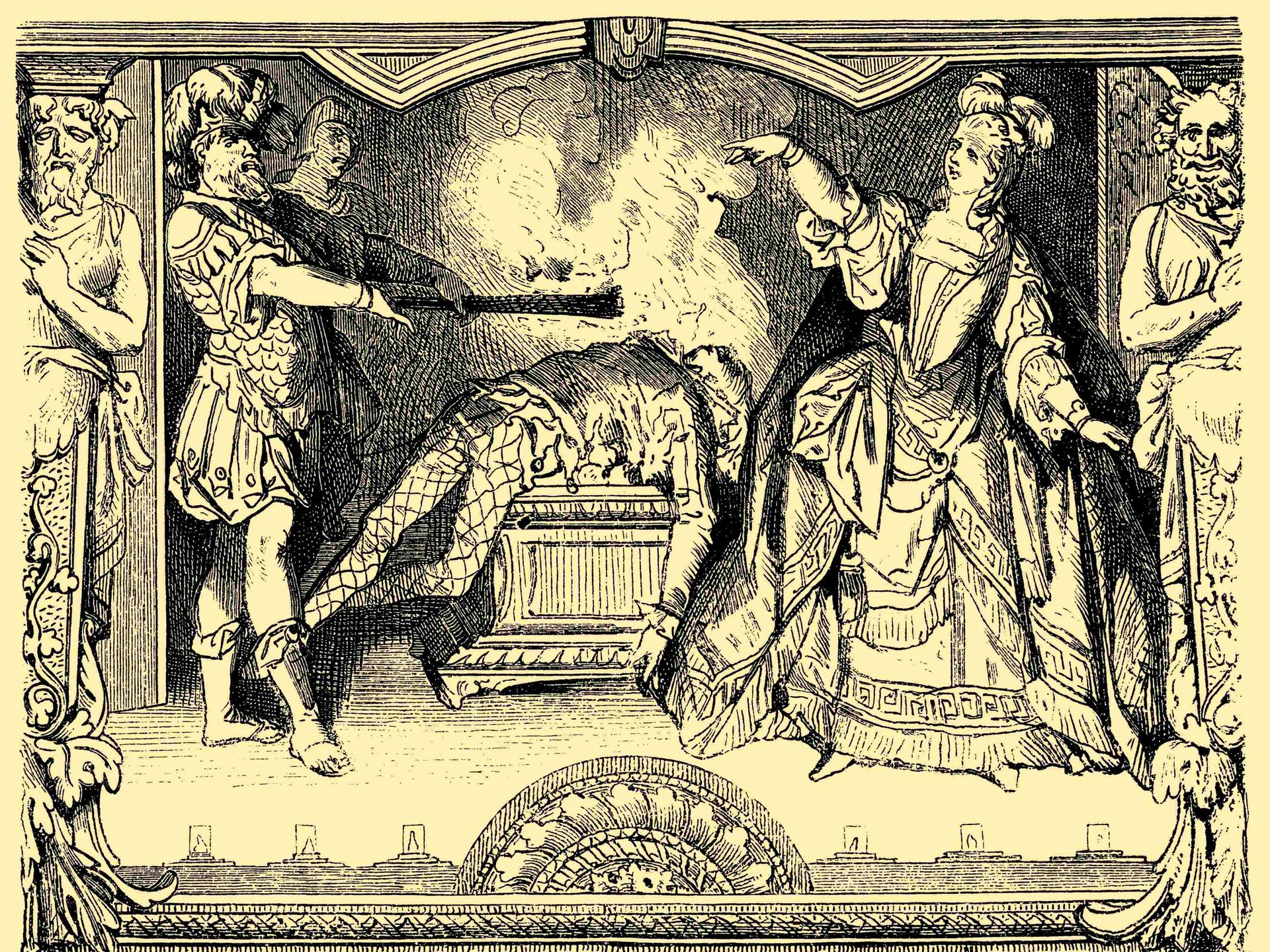 Theaterszene: Karoline Neuber verbrennt den Hanswurst