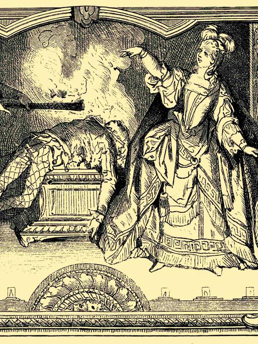 Theaterszene: Karoline Neuber verbrennt den Hanswurst