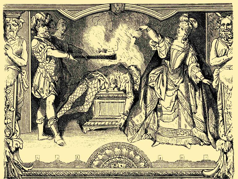 Theaterszene: Karoline Neuber verbrennt den Hanswurst