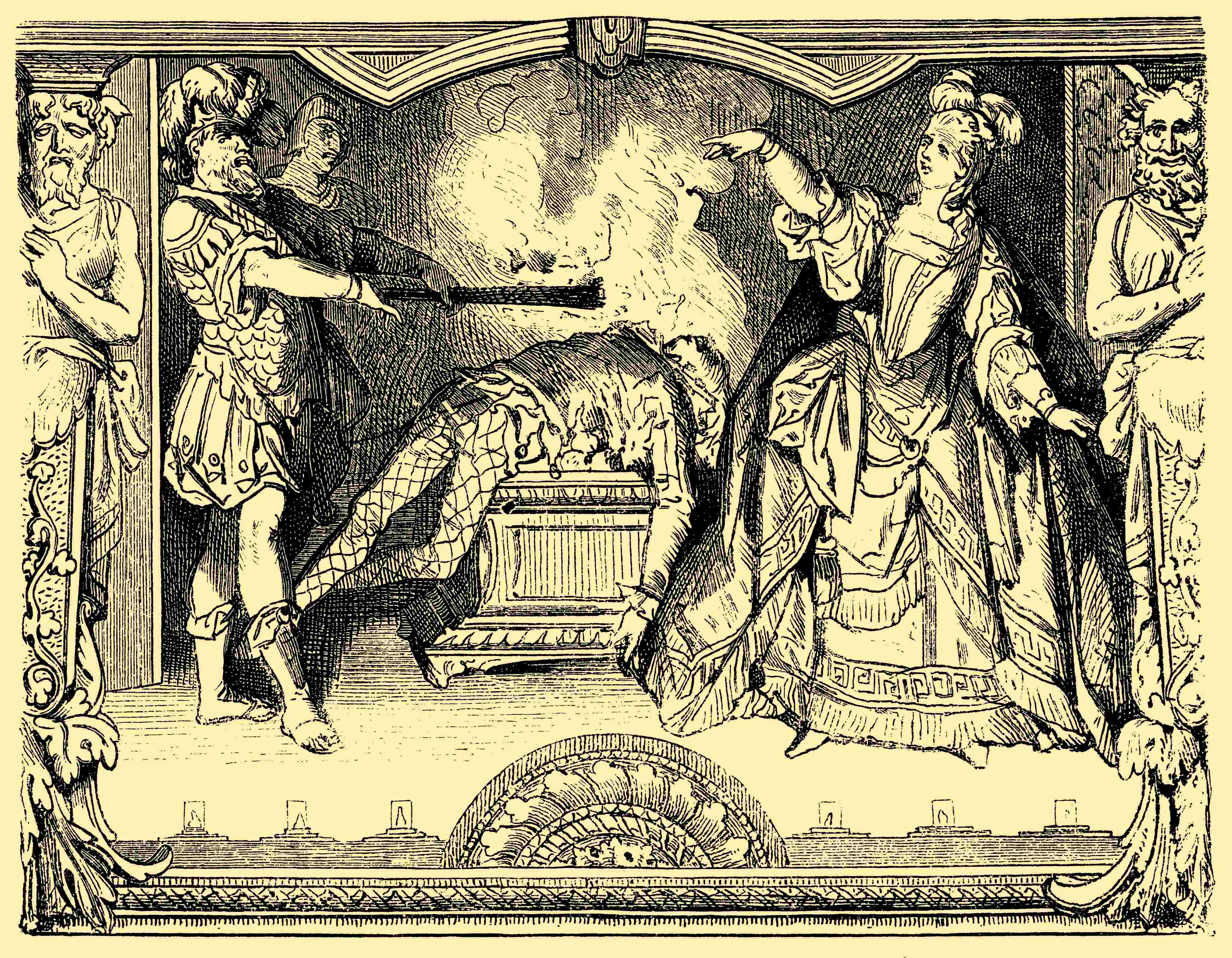 Theaterszene: Karoline Neuber verbrennt den Hanswurst