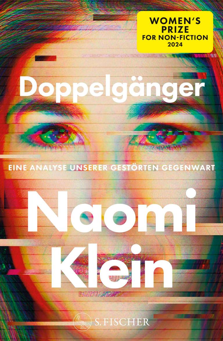 Das Cover des Buches „Doppelgänger. Eine Analyse unserer gestörten Gegenwart“ von Naomi Klein zeigt neben Titel und Autorenname das Gesicht der Autorin. Das Foto weist Bildstörungen auf. 