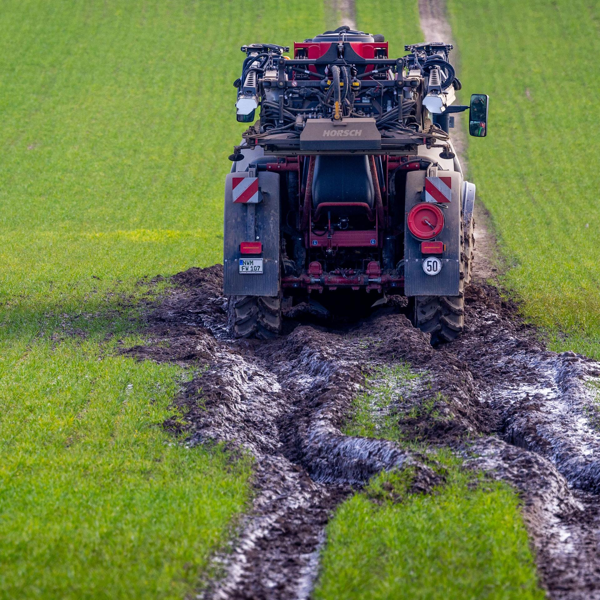 Ein Traktorgespann ist beim Ausbringen von Dünger im aufgeweichten Boden auf einem Feld steckengeblieben. 