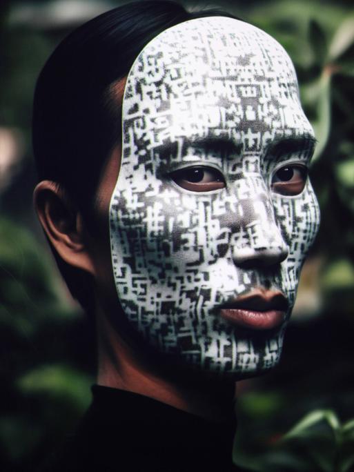Auf das Gesicht eines Mannes wird ein schwarz-weißes Muster projeziert.