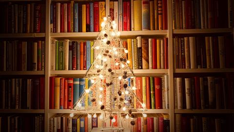 Ein beleuchteter Weihnachtsbaum steht vor einem vollen Bücherregal.