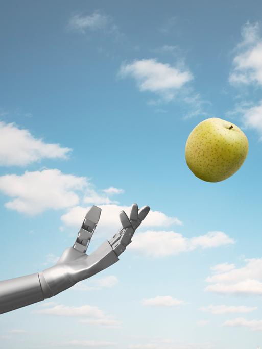Illustration eines fliegenden Apfels, nach dem sich zugleich eine menschliche und eine Roboterhand recken.