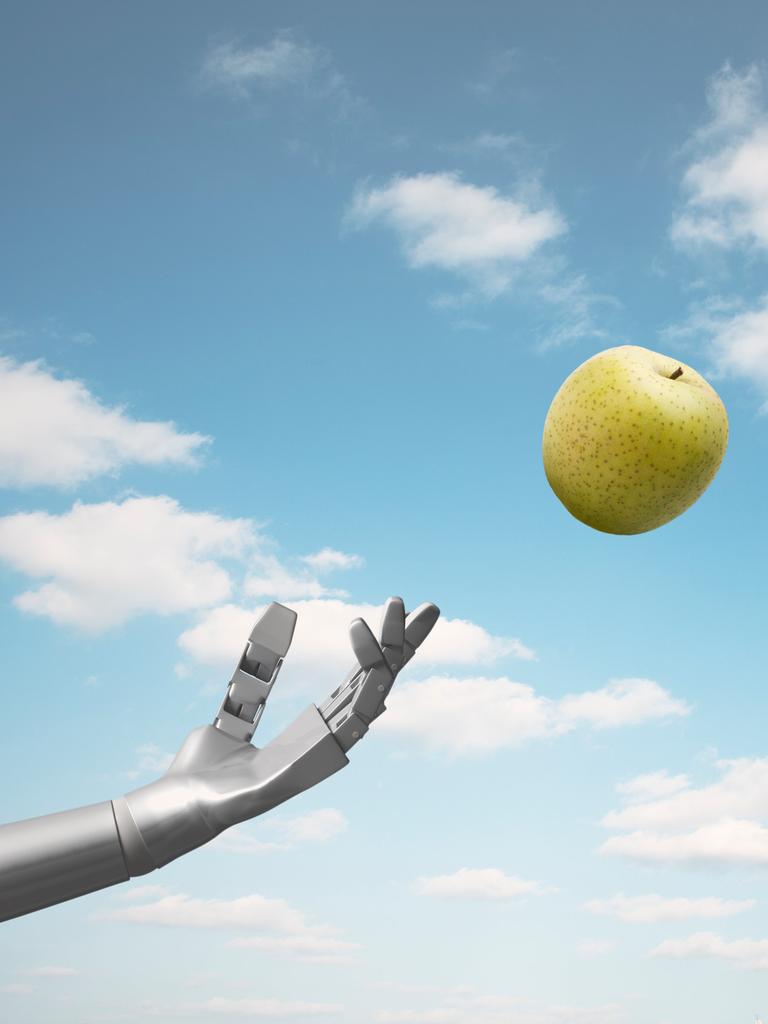 Illustration eines fliegenden Apfels, nach dem sich zugleich eine menschliche und eine Roboterhand recken.