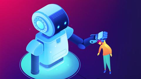 Illustration einer humanoiden Robotermaschine, die einen kleineren Mann am Kragen hochhebt.