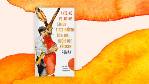 Buchcover auf bunten Hintergrund: Buchcover von "Einige Einzelheiten über die Seele der Fälscher": Ein Mann umarmt einen großen Hasen, der ein rotes Kleid trägt.