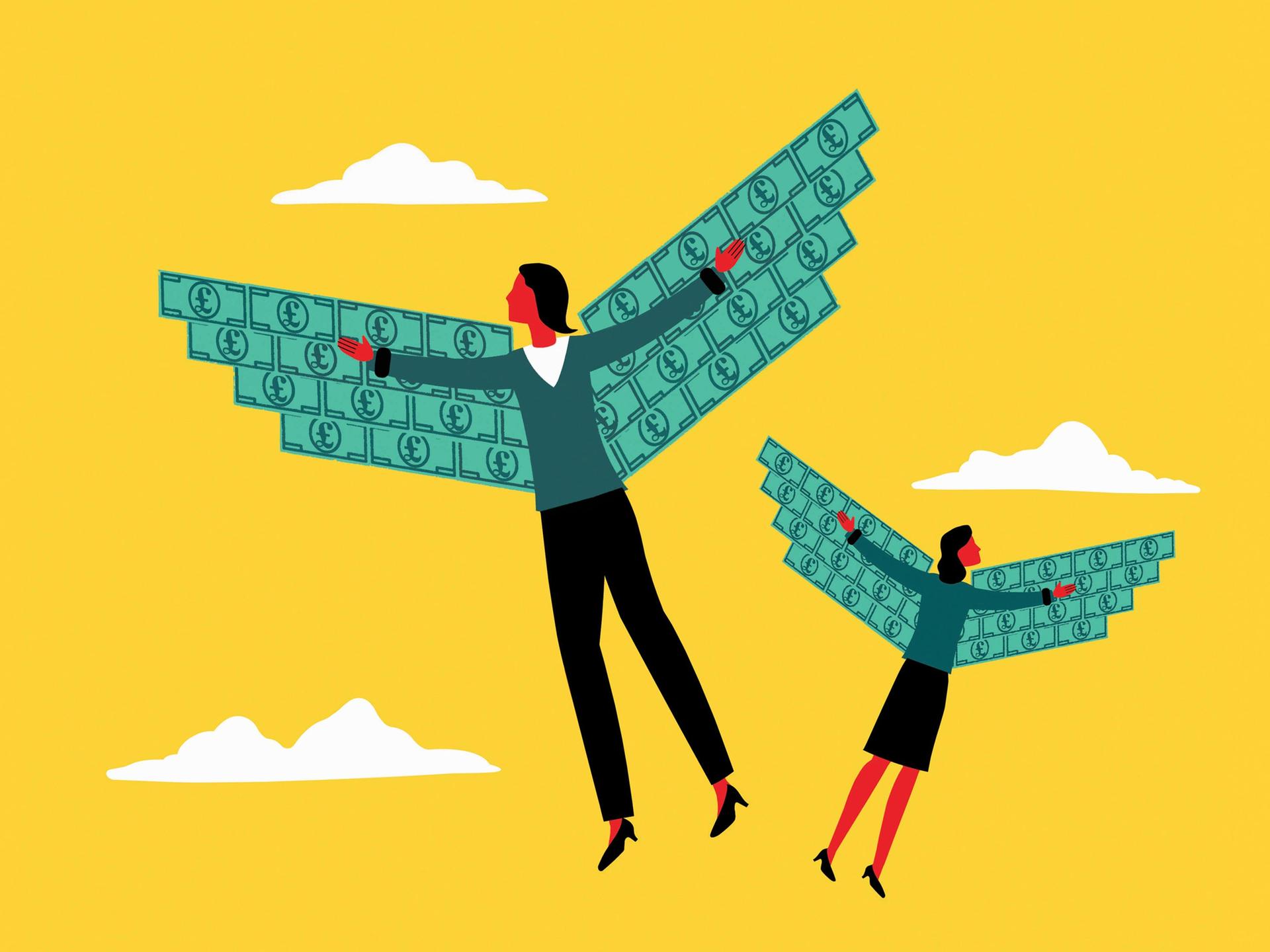 Illustration: Zwei Frauen fliegen mit Flügeln aus Banknoten in den Himmel.