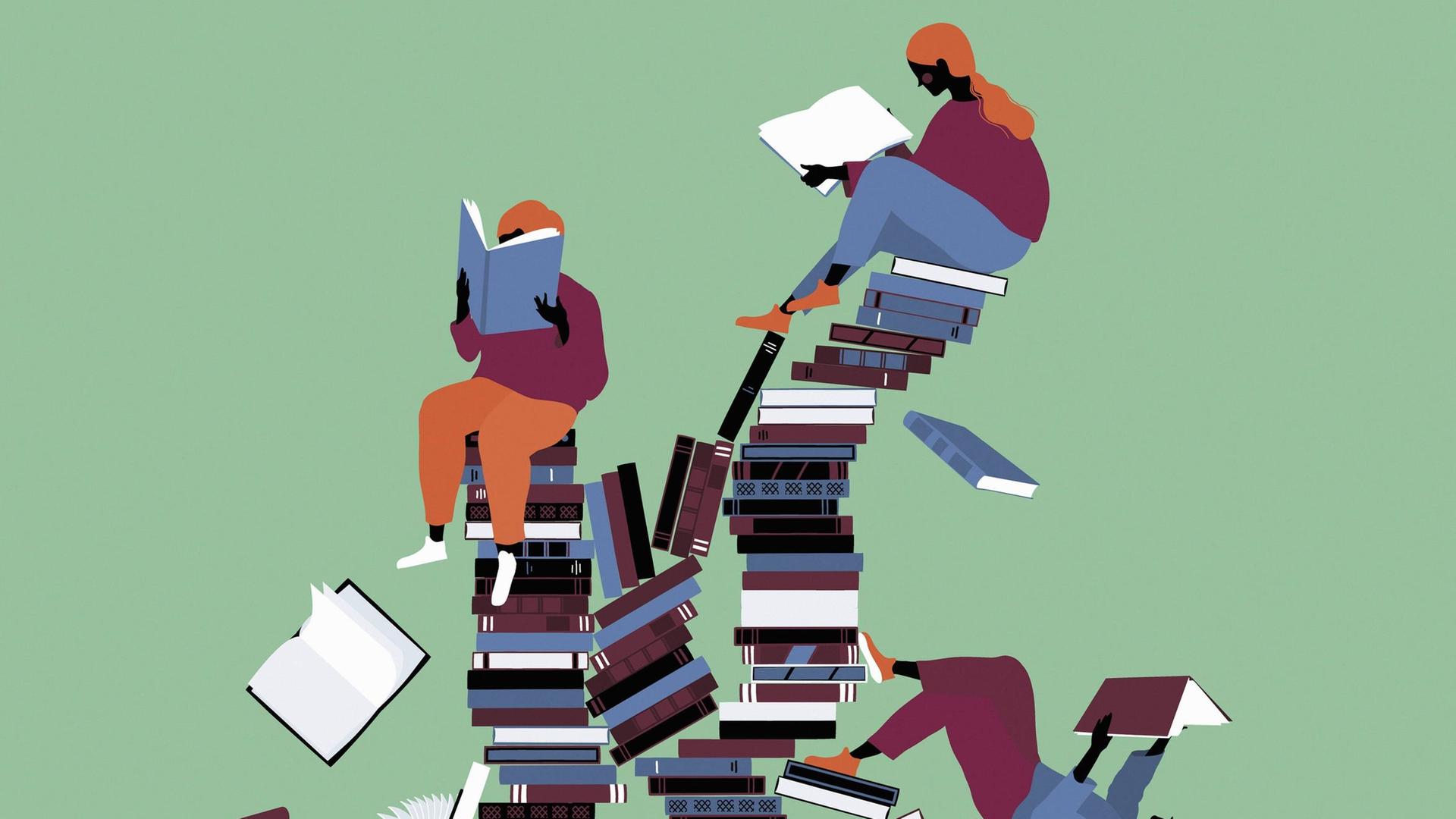 Leser auf einem chaotischen Bücherstapel 