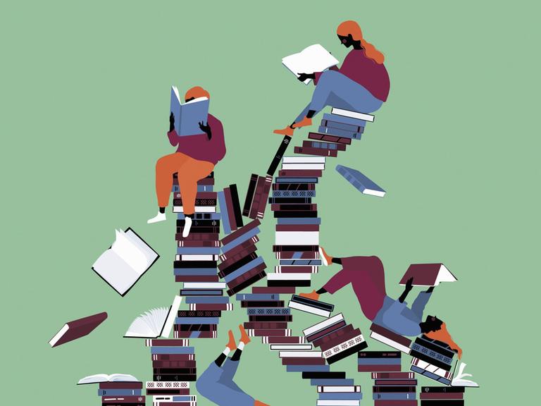 Leser auf einem chaotischen Bücherstapel 