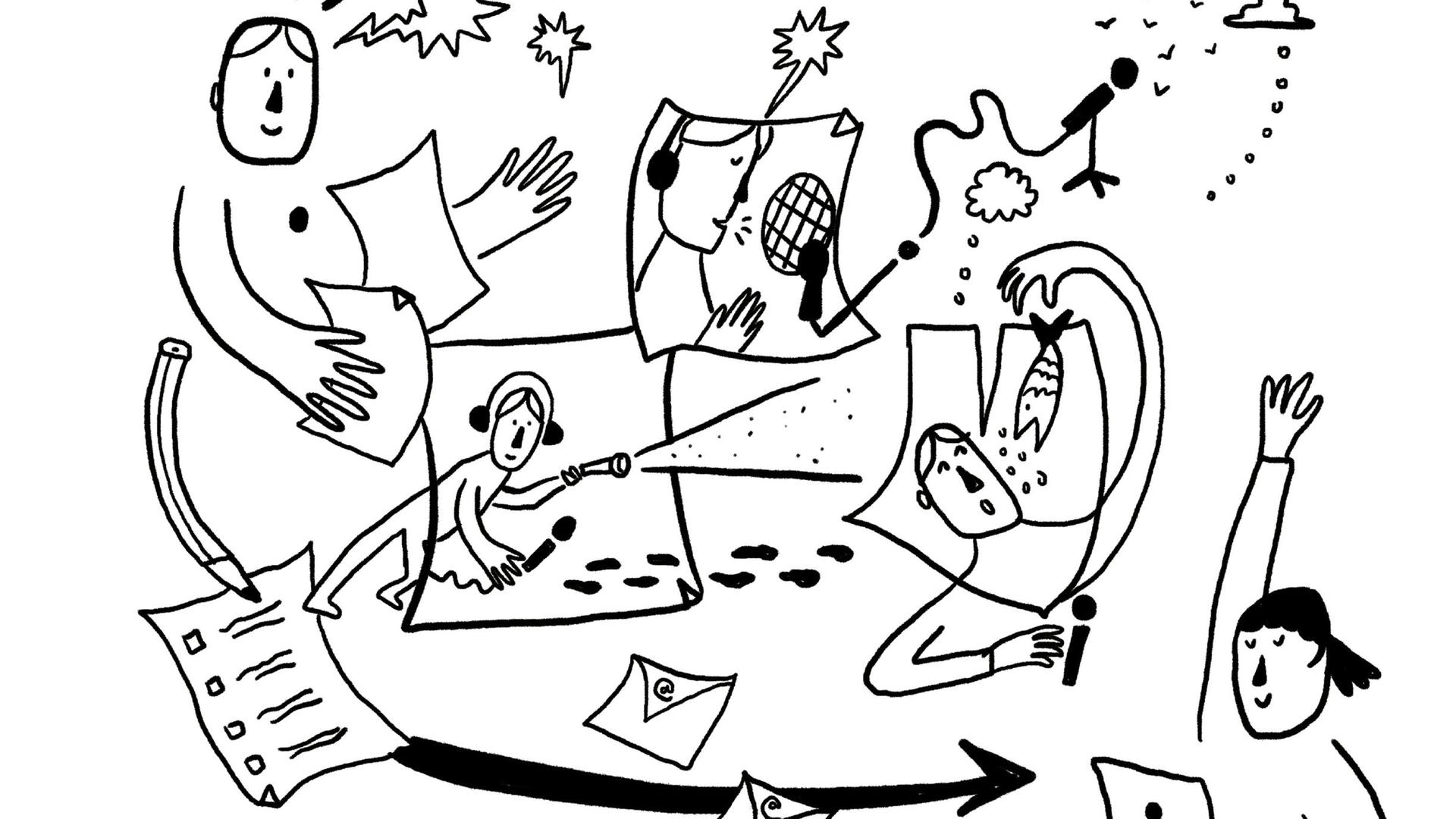 Zeichnung von Strichfiguren, die verschiedenen Aktivitäten nachgehen, am Laptop oder mit mit Papieren arbeiten und Ideen zu haben scheinen