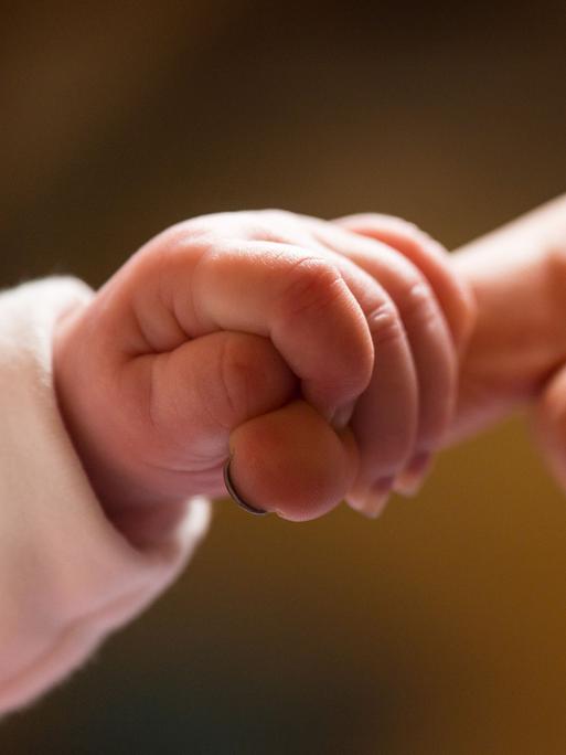 Eine Hand eines Babys greift den Zeigefinger eines Erwachsenen. 