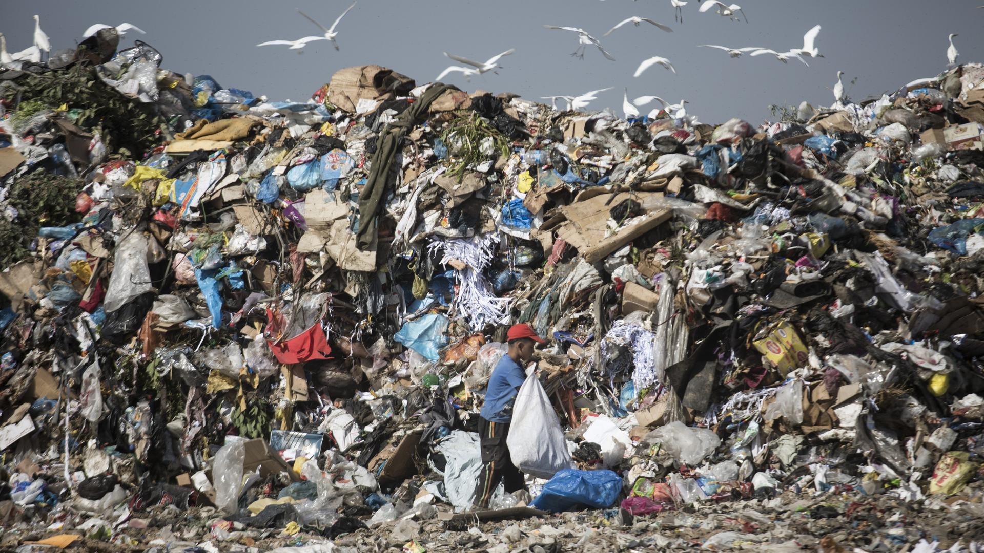 Ein Mann sammelt in einem riesigen Müllberg Kunststoffe und Metalle in Gaza-Stadt. 