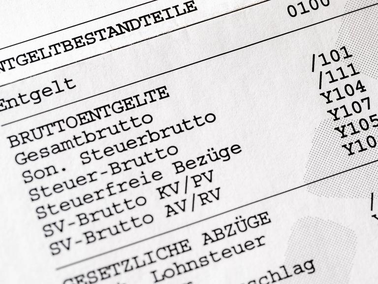 Der Ausschnitt einer Lohnabrechnung für einen Arbeitnehmer führt unter anderem Kranken-, Pflege-, Arbeislosen- und Rentenversicherung auf.
