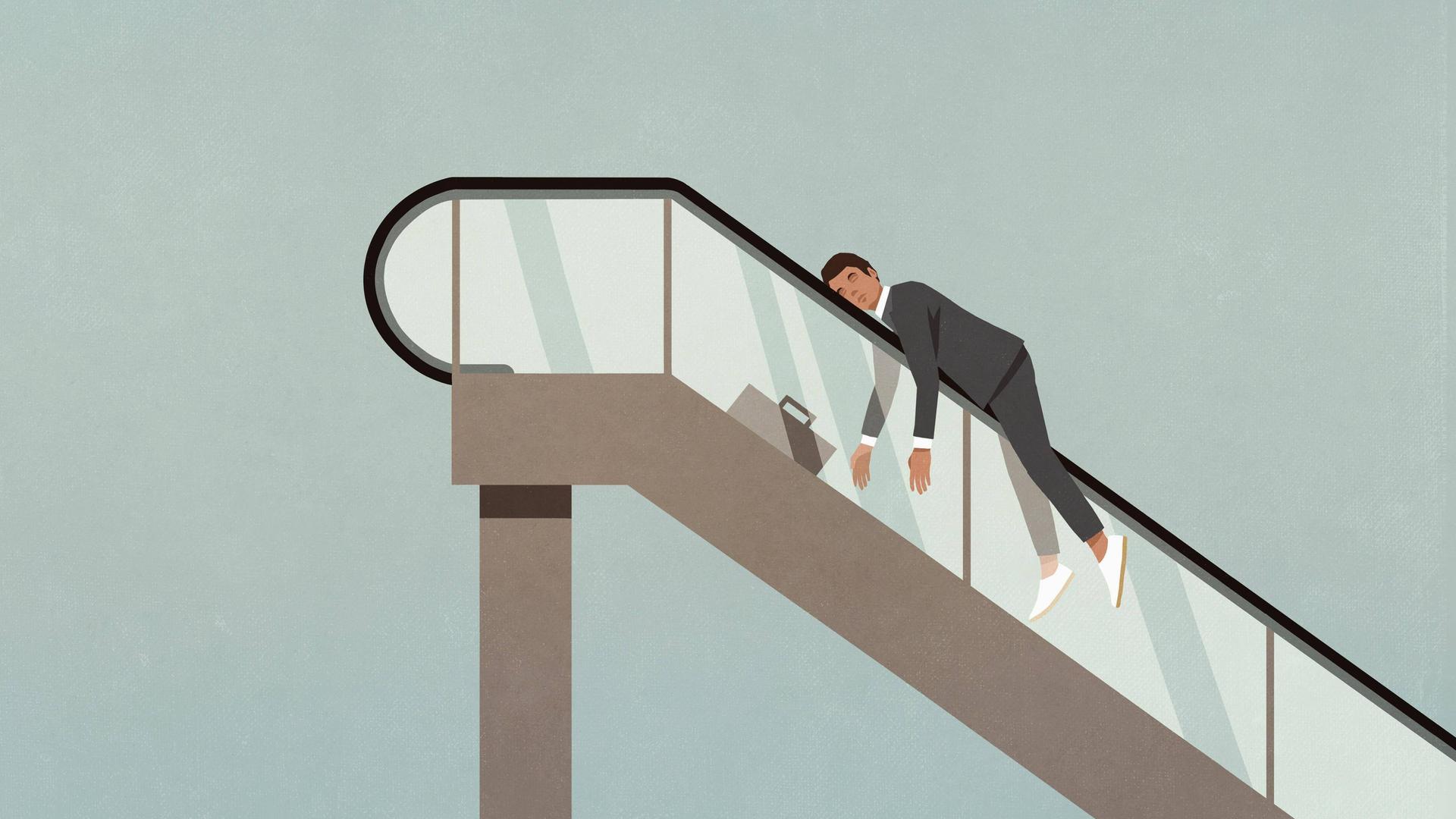 Illustration: Ein erschöpfter Geschäftsmann schläft auf einer Rolltreppe.