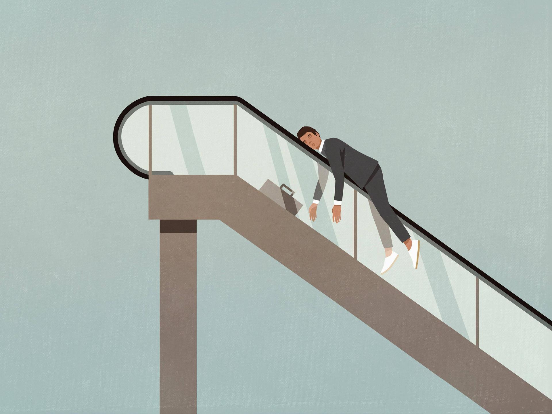 Illustration: Ein erschöpfter Geschäftsmann schläft auf einer Rolltreppe.
