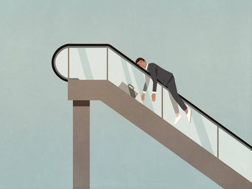 Illustration: Ein erschöpfter Geschäftsmann schläft auf einer Rolltreppe.