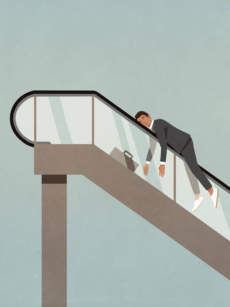 Illustration: Ein erschöpfter Geschäftsmann schläft auf einer Rolltreppe.