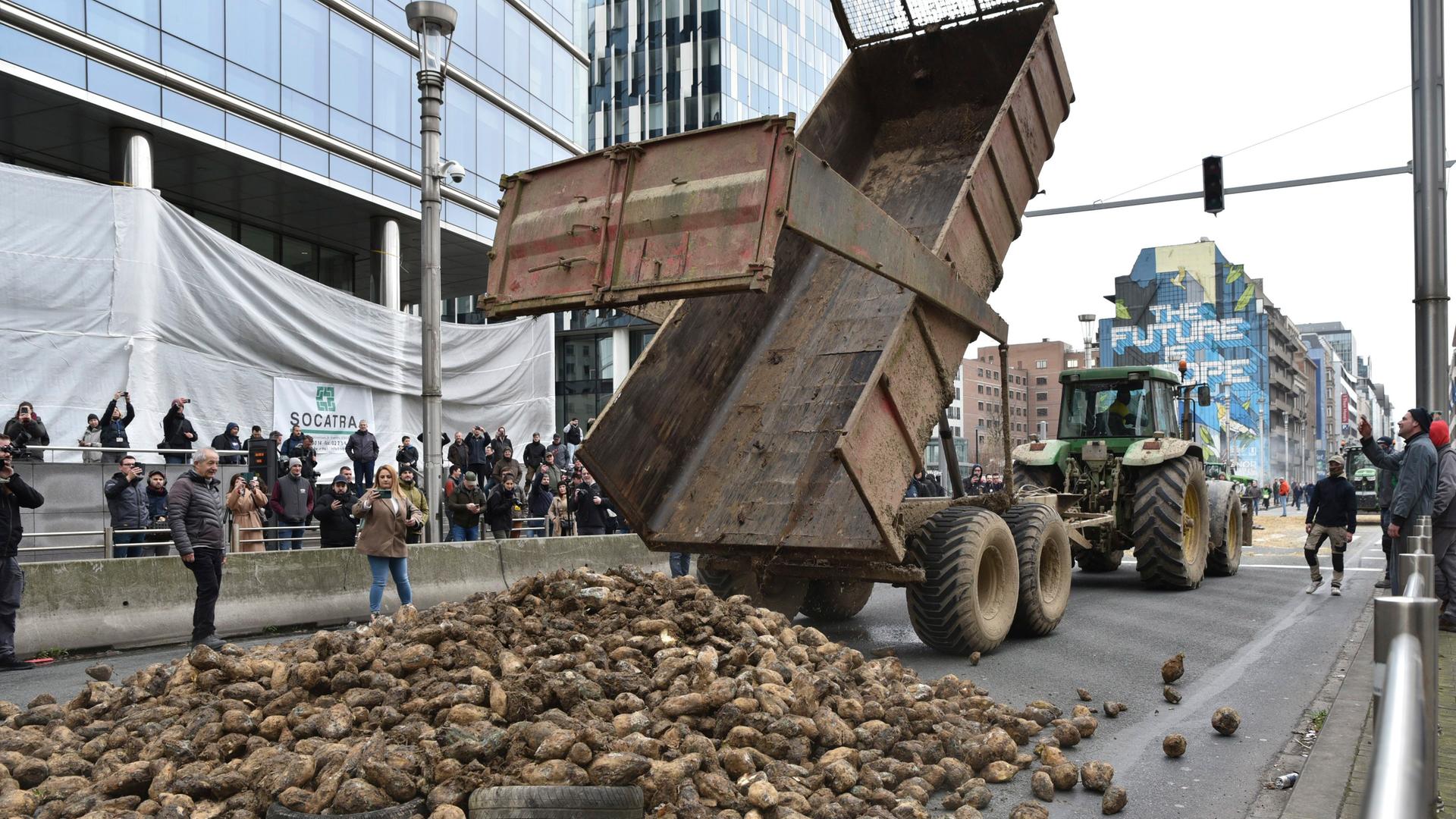 Belgien, Brüssel: Landwirte kippen aus Protest eine Ladung Kartoffeln auf einer Hauptstraße ab, während die EU-Agrarminister sich im Gebäude des Europäischen Rates treffen.