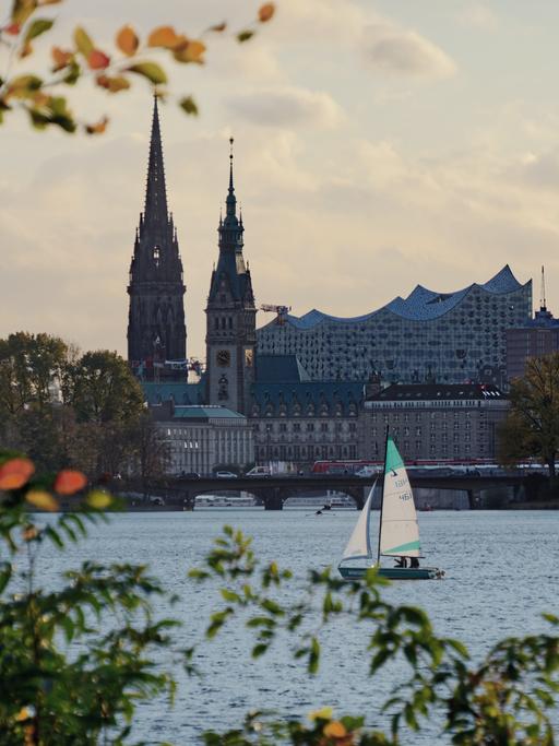 Blick über das Wasser Richtung Hamburg lassen unter anderem das Rathaus und die Elbphilharmonie erkennen.