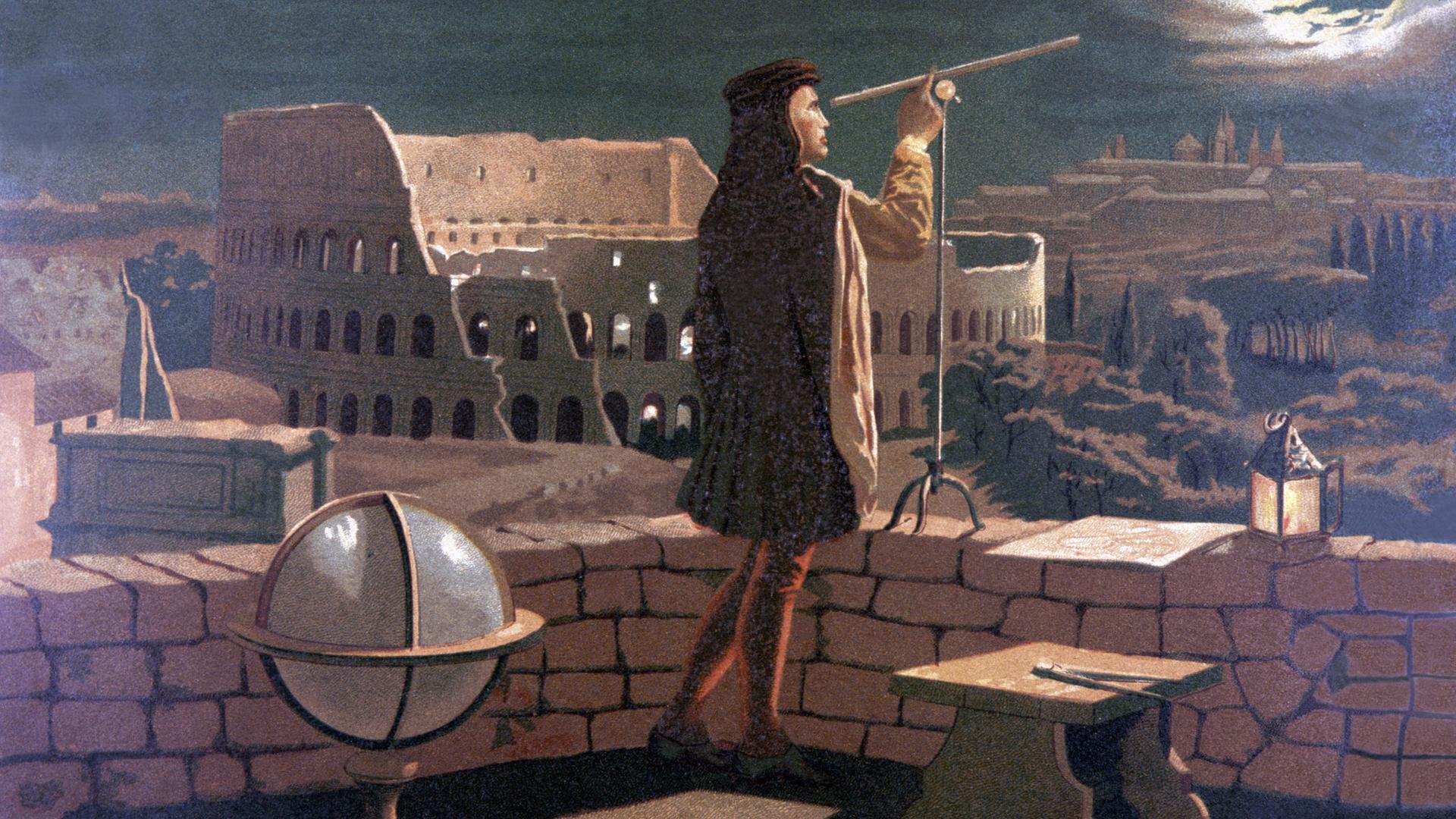 Gemälde, das Kopernikus bei der nächtlichen Sternenbeobachtung in Rom zeigt. Kopernikus steht auf einem steinernen Balkon. Er blickt durch ein Fernglas auf den hell leuchtenden Mond. Im Hintergrund ist das römische Kolosseum zu sehen.