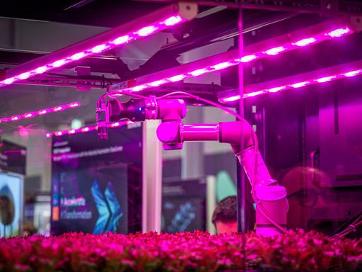 Ein Roboterarm beim nachhaltigen vertikalen Pflanzenanbau auf der Hannover-Messe 2023