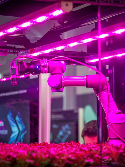 Ein Roboterarm beim nachhaltigen vertikalen Pflanzenanbau auf der Hannover-Messe 2023