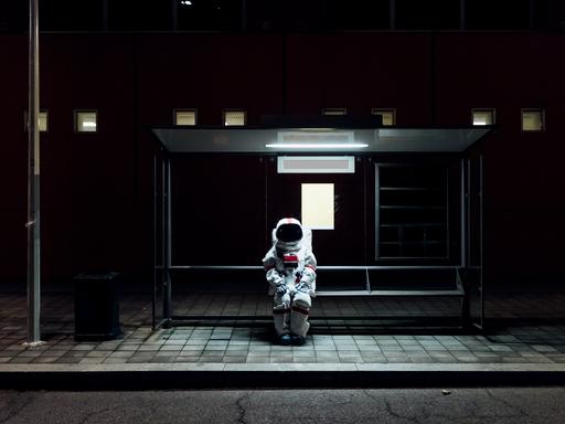 Ein Astronaut sitzt allein im Dunkeln an einer Bushaltestelle.