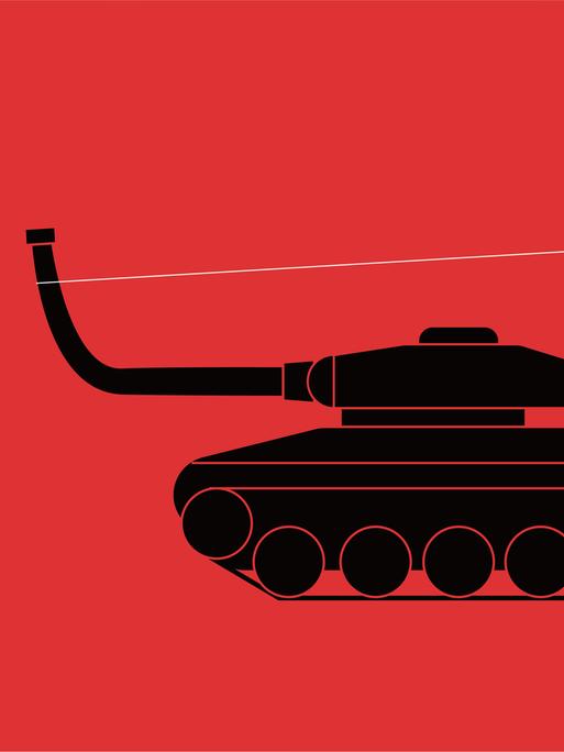 Friedensillustration: Eine Hand zieht das Rohr eines Panzers nach oben.