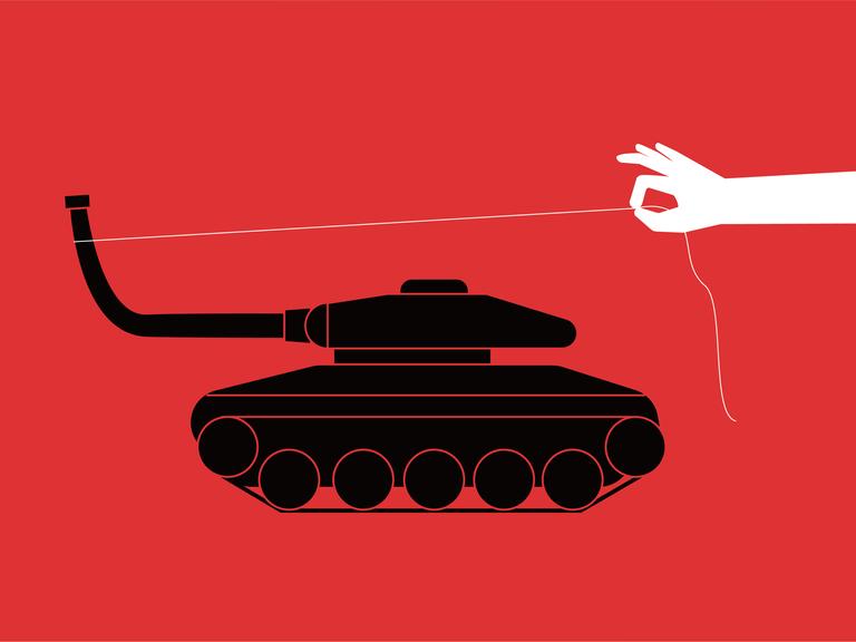 Friedensillustration: Eine Hand zieht das Rohr eines Panzers nach oben.