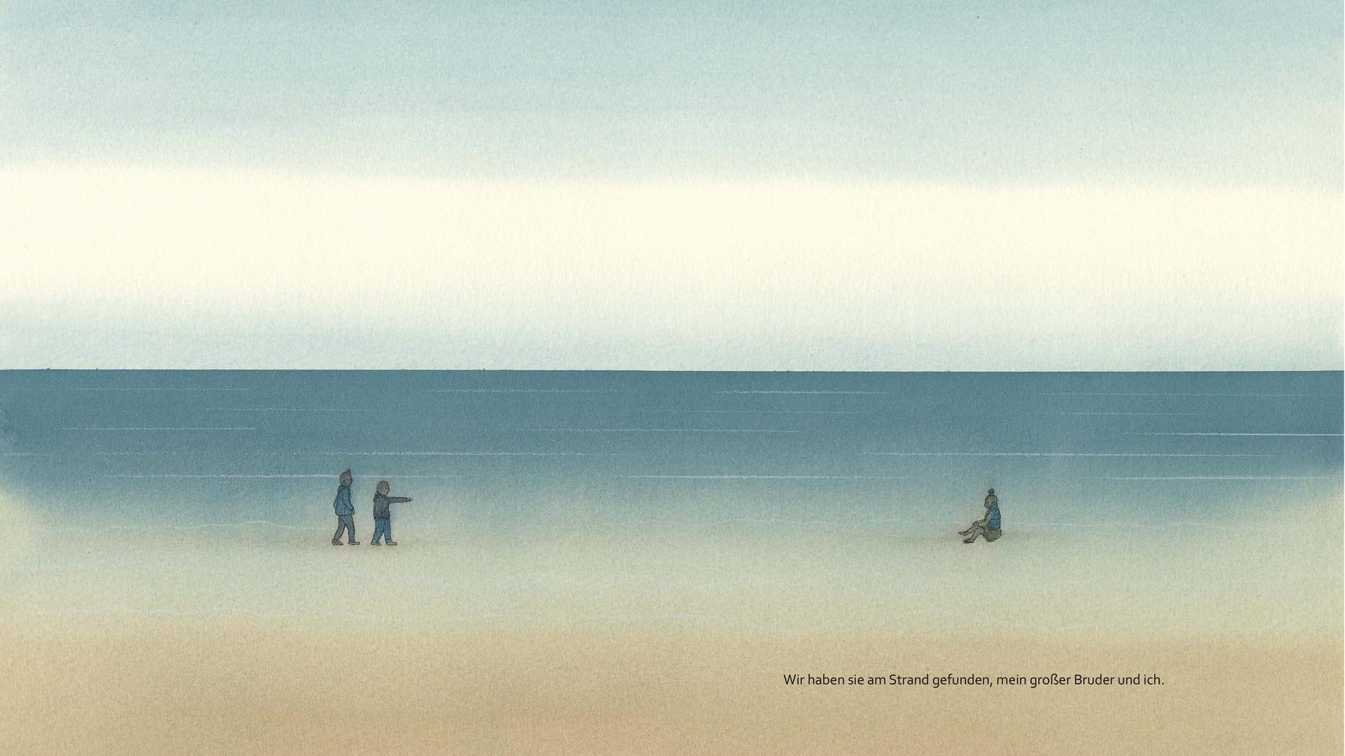 Ausschnitt aus dem Bilderbuch "Marina" von Nikolaus Heidelbach: Zwei Brüder finden ein Mädchen, das am Strand sitzt. Ausschnitt aus dem Bilderbuch "Marina" von Nikolaus Heidelbach: Zwei Brüder finden ein Mädchen, das am Strand sitzt.
